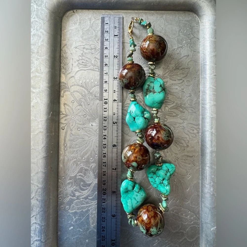 Handmade Turquoise Natural Stone and Ceramic Brown Beaded Necklace - Picture 5 of 7